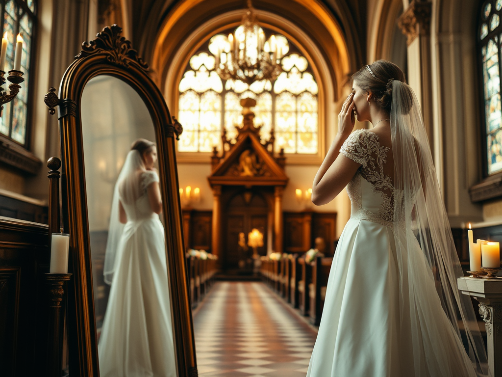 Une mariée regarde son reflet dans un miroir, émue, dans une belle église éclairée par des bougies.