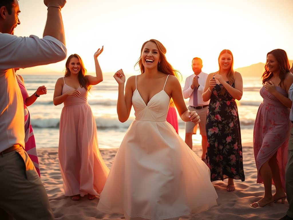 Groupe d'amis dansant sur la plage au coucher de soleil, ambiance festive et joyeuse.