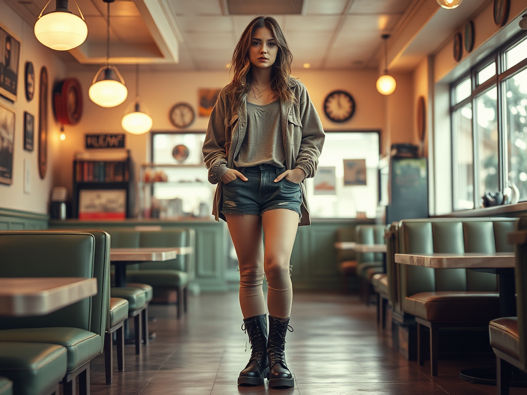 Une jeune femme avec une veste et un short se tient dans un café, regardant l'objectif avec confiance.