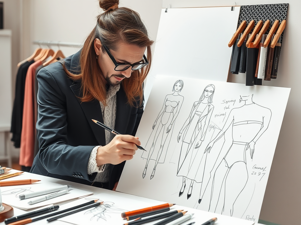 Un designer travaille sur des croquis de mode dans un studio, entouré de stylos et de vêtements.