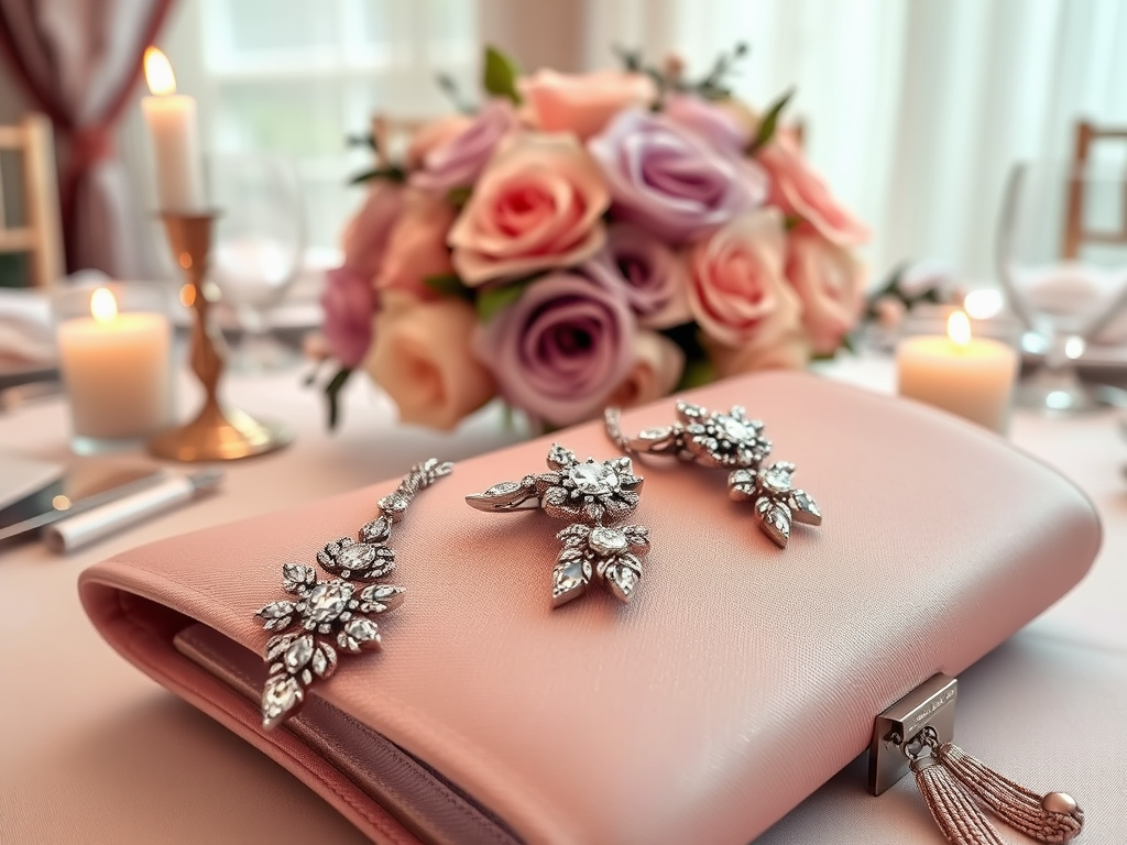 Un clutch rose orné de bijoux scintillants, avec des roses en arrière-plan et des bougies sur une table élégante.