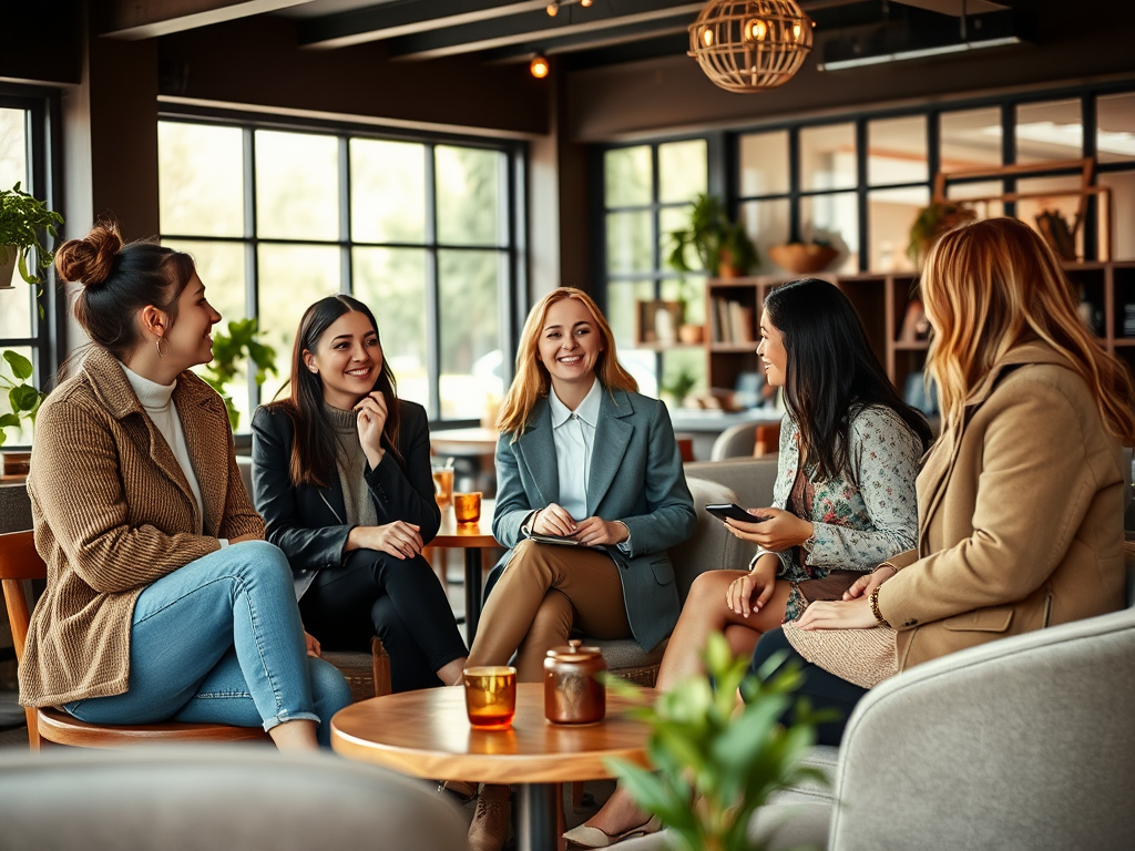 Un groupe de femmes discute joyeusement dans un café moderne, entouré de plantes et de lumière naturelle.