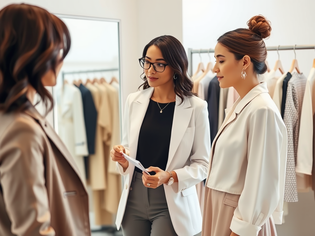 Trois femmes discutent de mode dans une boutique élégante, avec des vêtements en arrière-plan.