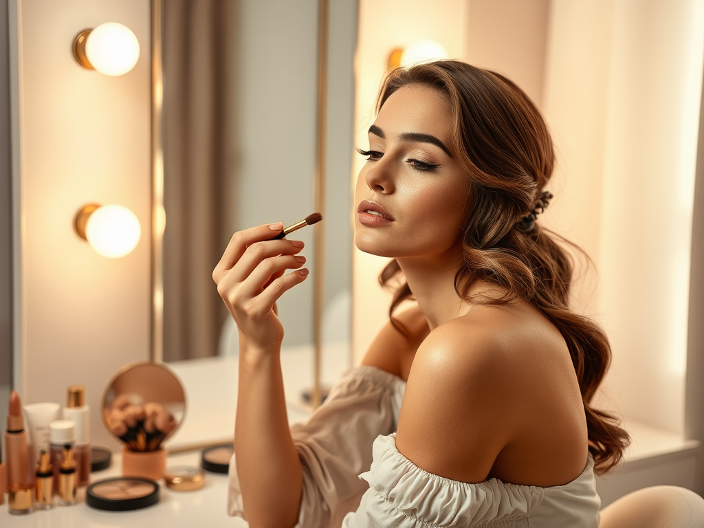 Une femme appliquant du maquillage devant un miroir, entourée de produits de beauté dans un cadre élégant.