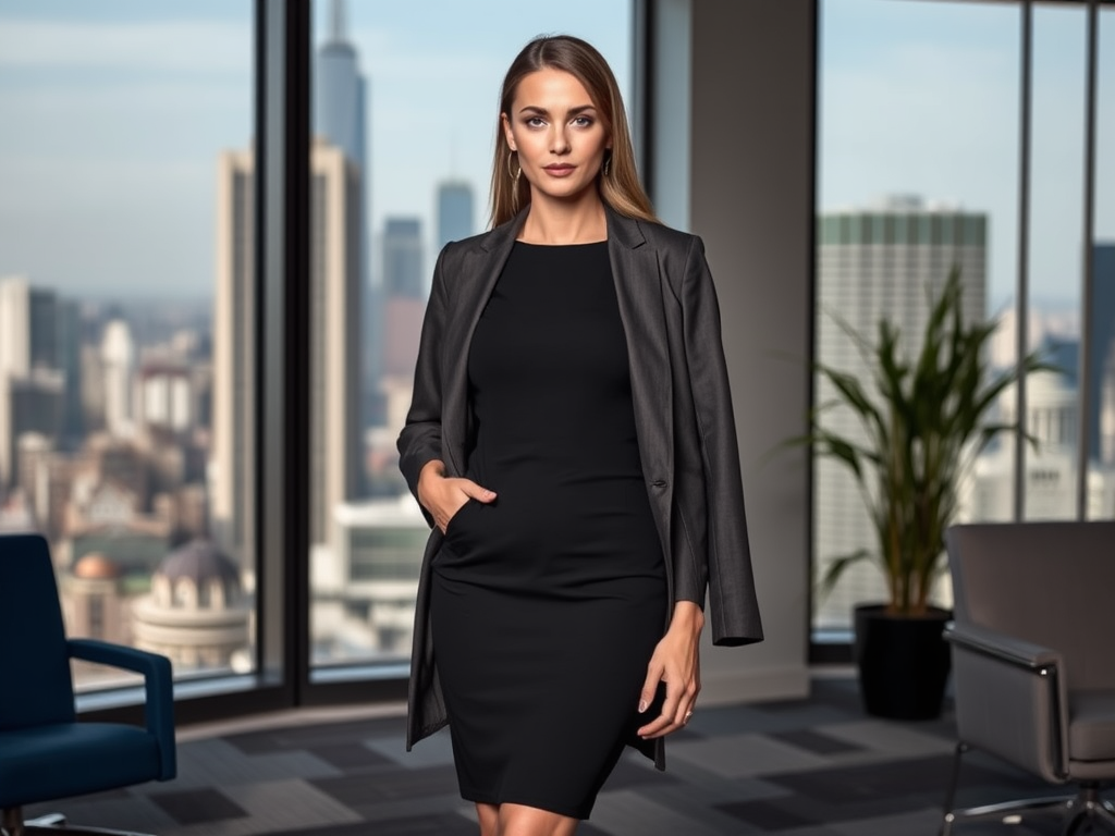 Femme élégante en costume sombre, posant dans un bureau avec vue sur la ville moderne. Ambiance professionnelle.