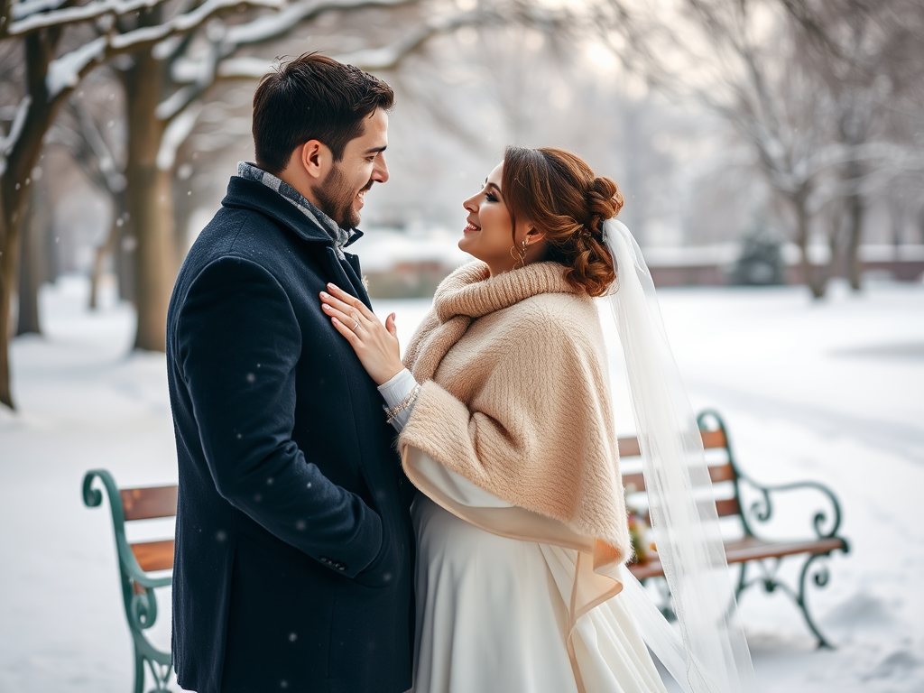 Un couple heureux s'échange des regards tendres dans un paysage hivernal, entouré de neige et d'arbres.