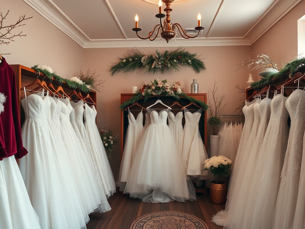 Salle d'exposition de robes de mariée blanches, décorée avec des plantes et un éclairage chaleureux.