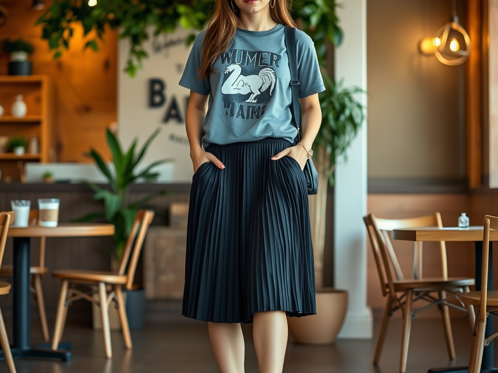 Une femme porte un t-shirt gris avec un motif et une jupe plissée noire, dans un café lumineux.