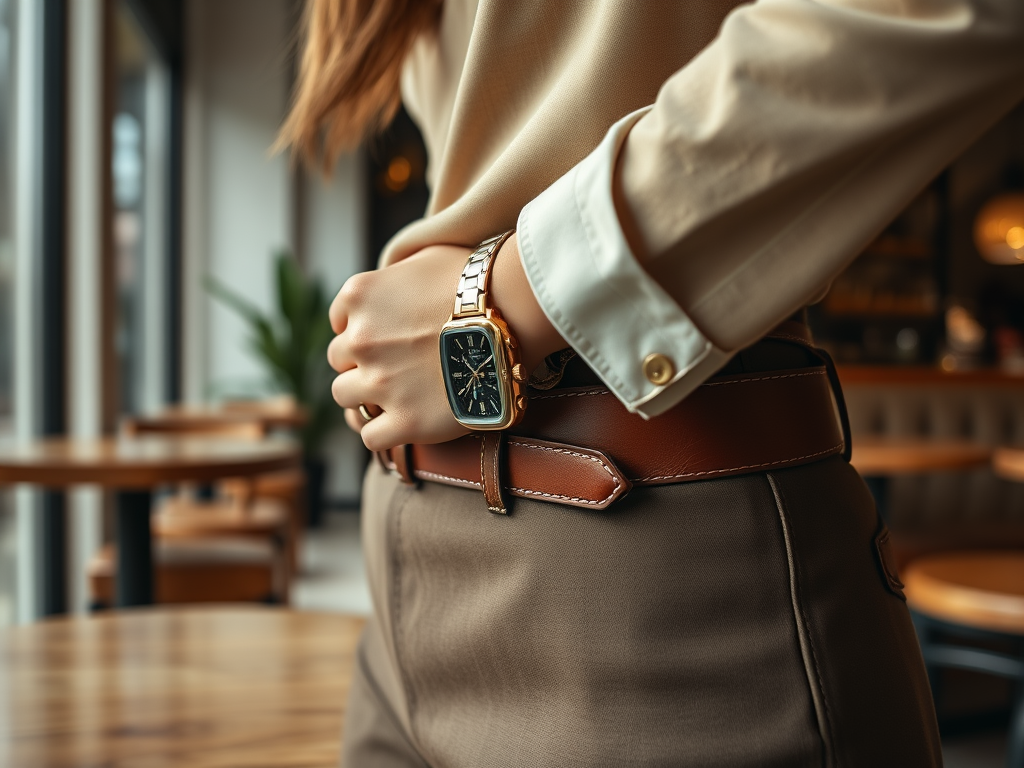 Une femme porte une montre dorée et un ceinture marron, debout dans un café avec des tables en bois.