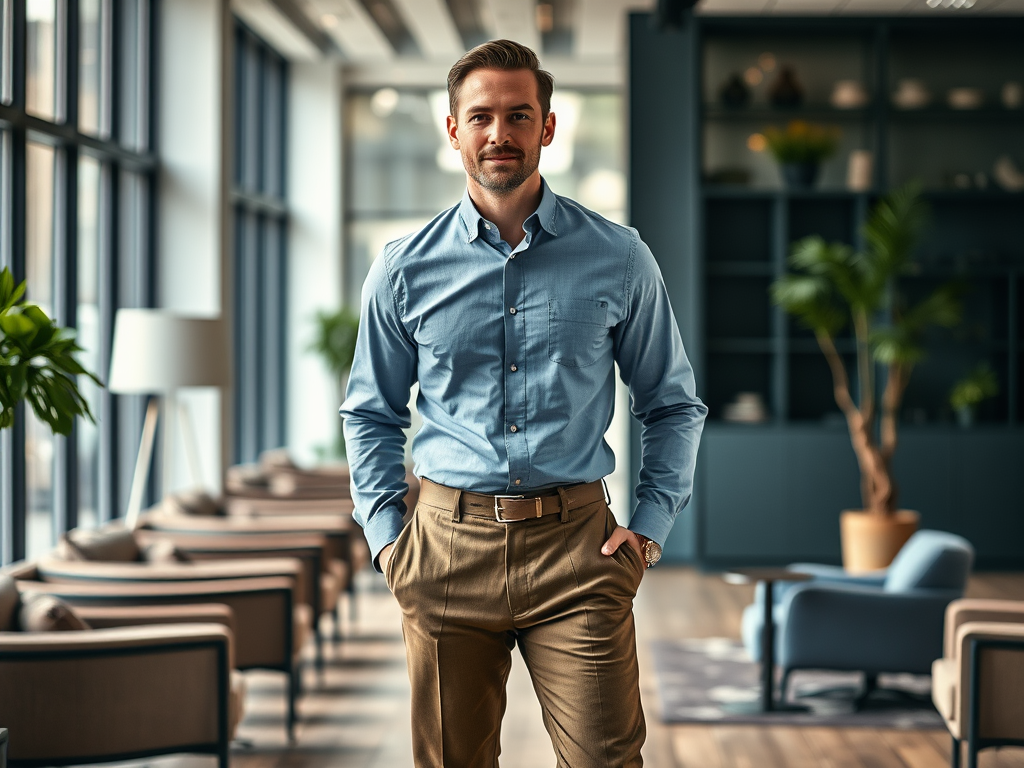 Un homme dans un bureau moderne, vêtu d'une chemise bleue et de pantalons beiges, avec un sourire confiant.