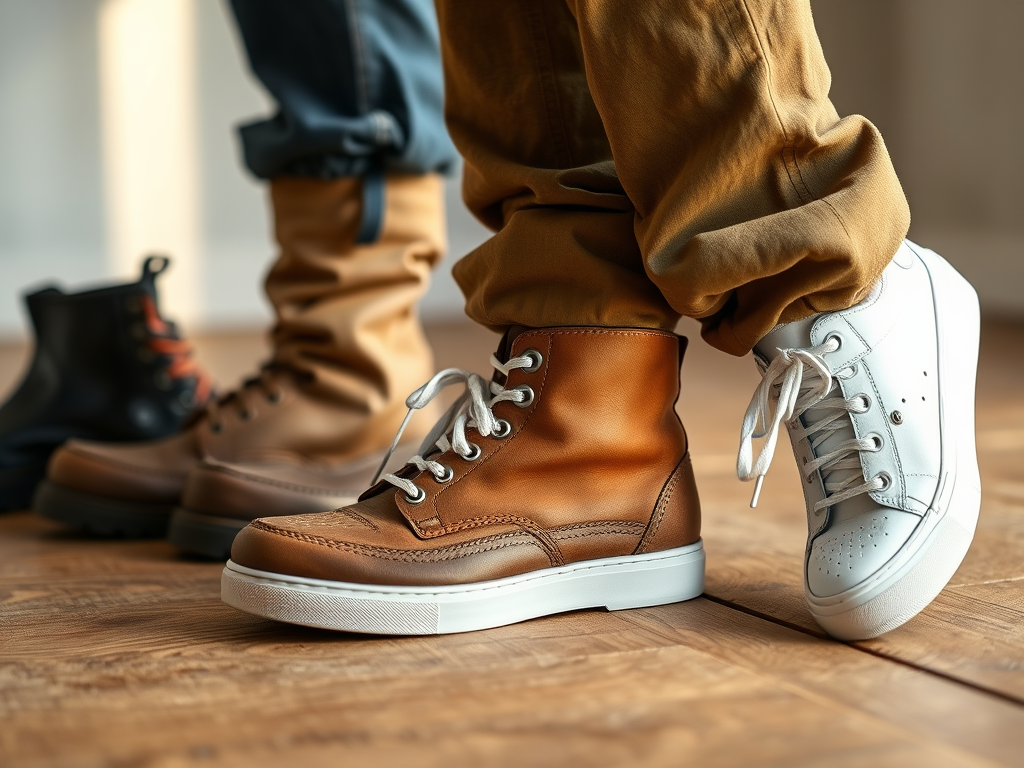 Une sélection de chaussures montrant des bottes en cuir marron, des bottes plus sombres et des baskets blanches.