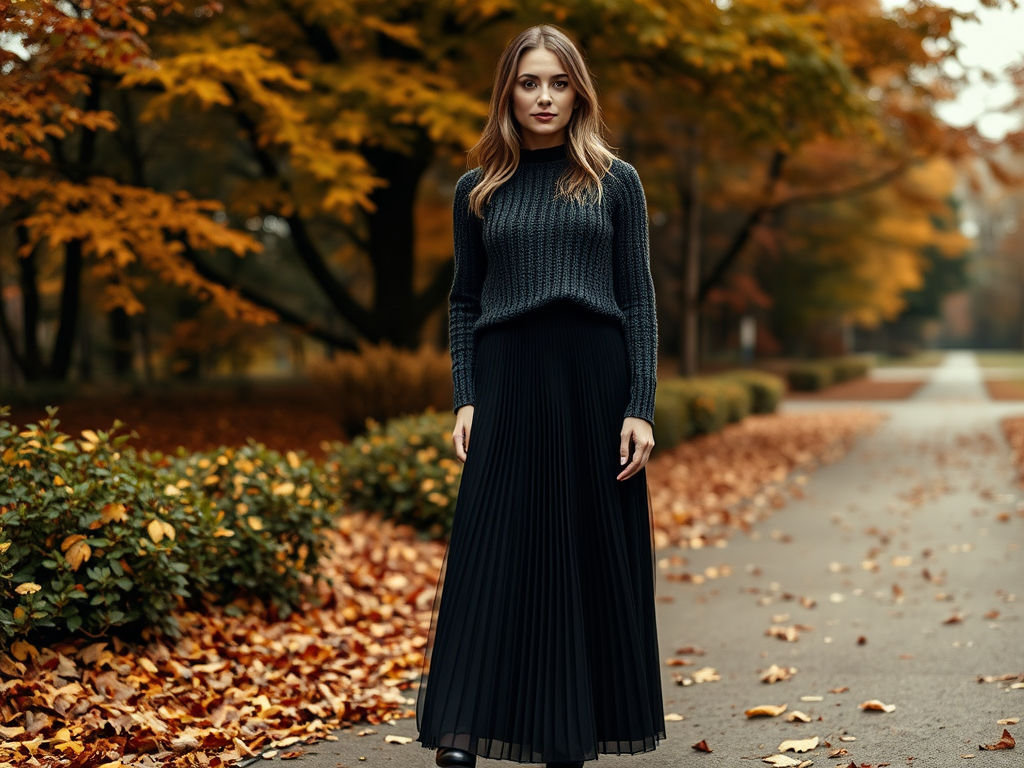 Une femme élégante en pull gris et jupe plissée noire se tient au milieu d'un parc aux feuilles d'automne.