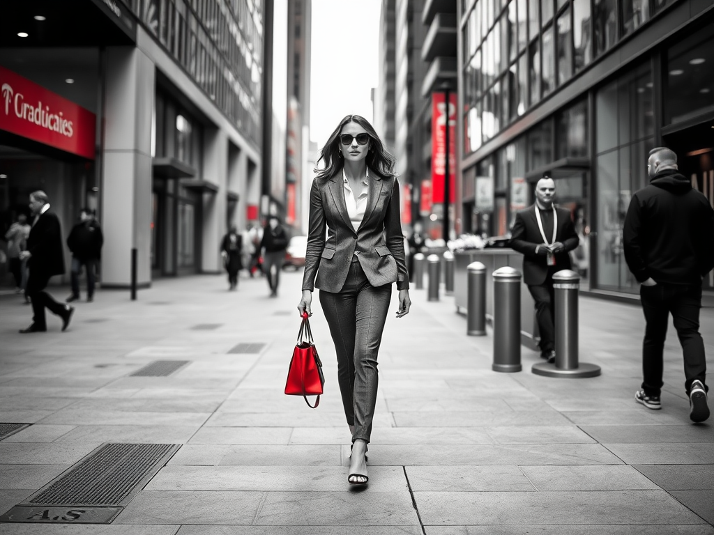 Une femme élégante en costume marche dans une rue urbaine, portant un sac rouge dans un décor monochrome.