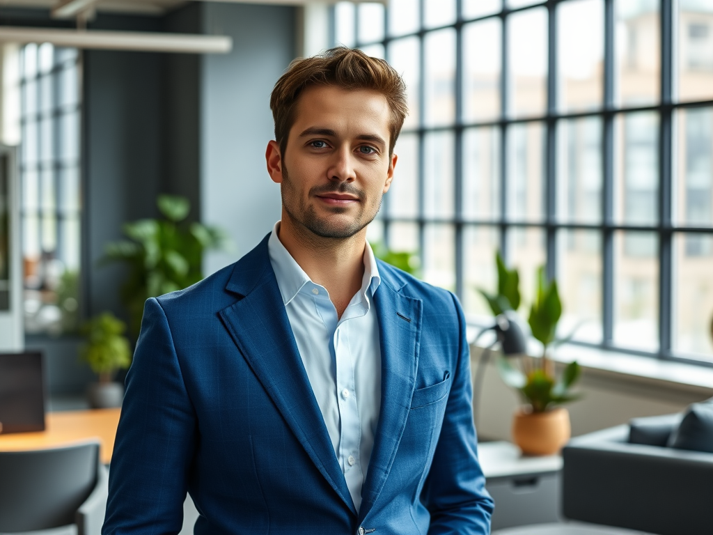 Un homme d'affaires souriant porte un costume bleu dans un bureau moderne avec de grandes fenêtres.