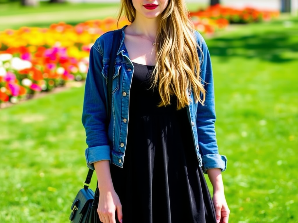 Une jeune femme portant une robe noire et une veste en denim se tient dans un parc fleuri au printemps.