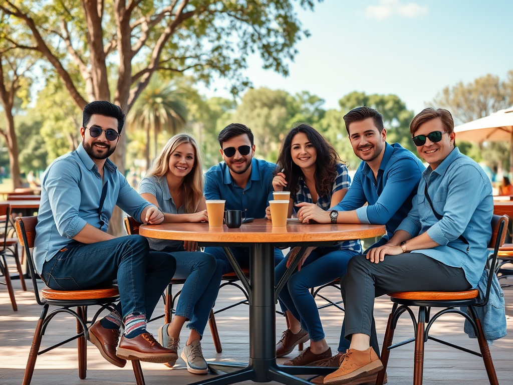 Un groupe de six amis souriant, assis autour d'une table en plein air, avec des boissons et un beau cadre naturel.