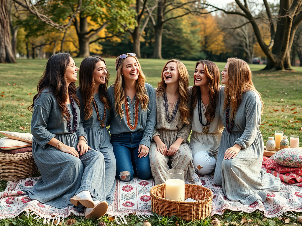 Un groupe de six femmes souriantes assises dans un parc, portant des robes grises et entourées de nature.