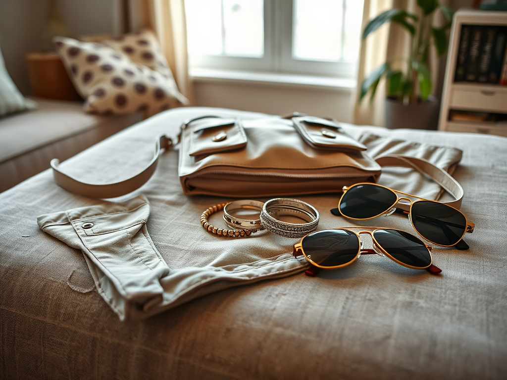 Un sac, des lunettes de soleil et des bijoux élégants sont posés sur une table dans un intérieur chaleureux.