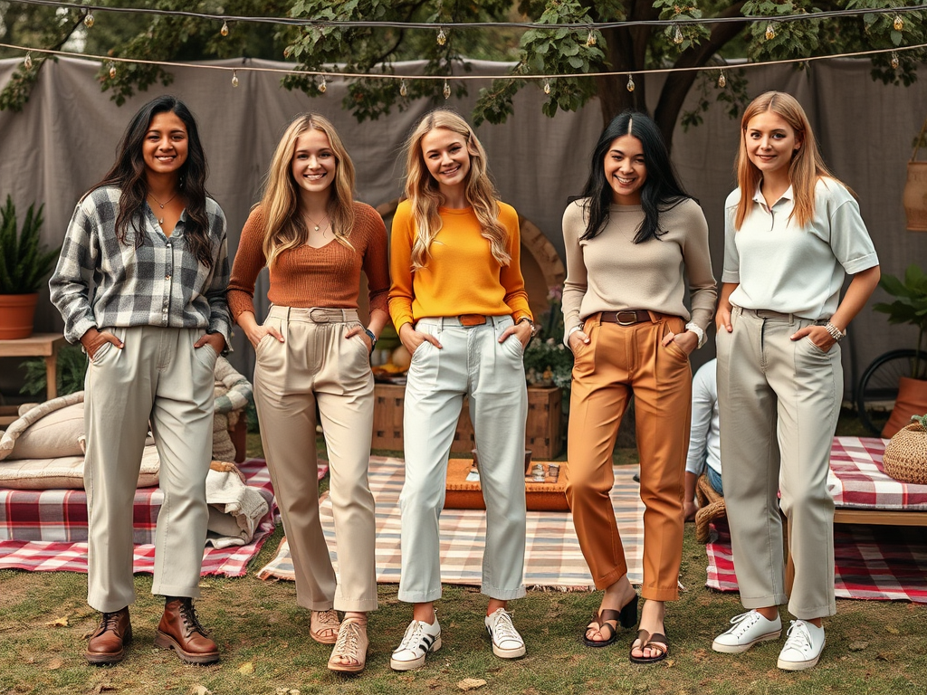 Six femmes posent en plein air, vêtues de pantalons élégants et de pulls, dans un cadre convivial.