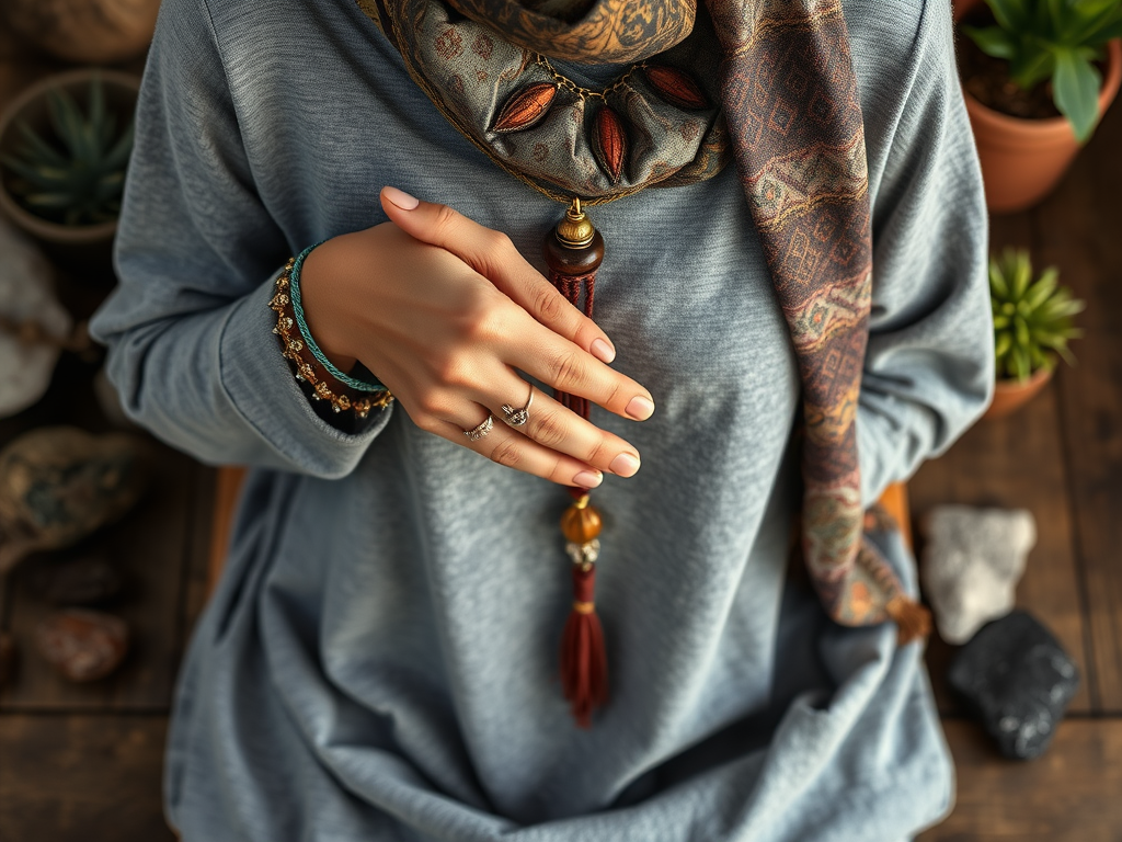 Une personne portant un foulard et des bijoux, les mains délicates au-dessus d'un fond naturel et apaisant.