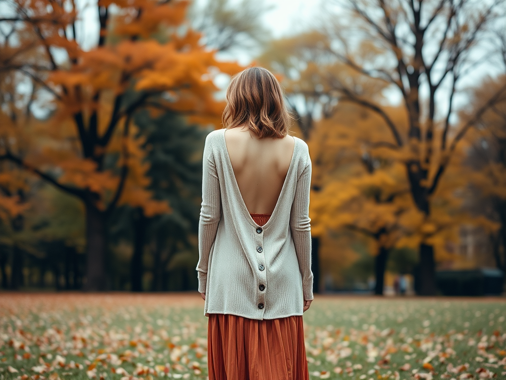 Une femme, vue de dos, porte un pull ouvert dans un parc d'automne avec des feuilles jaunes et orange autour d'elle.