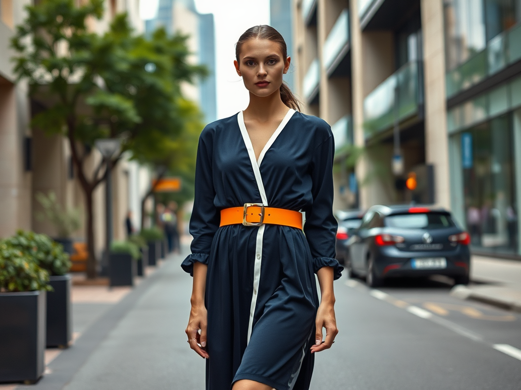 Une femme en robe bleu foncé et ceinture orange marche dans une rue urbaine, entourée de verdure et de bâtiments.