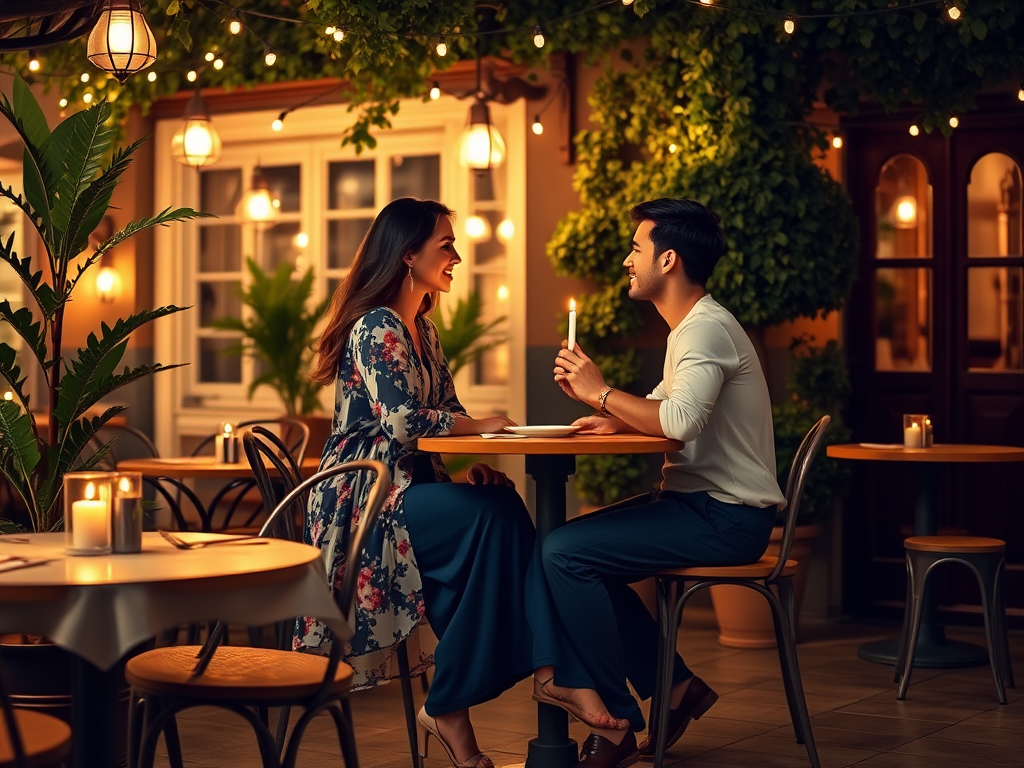 Un couple souriant dînant à une table dans un restaurant romantique, éclairé par des guirlandes lumineuses.
