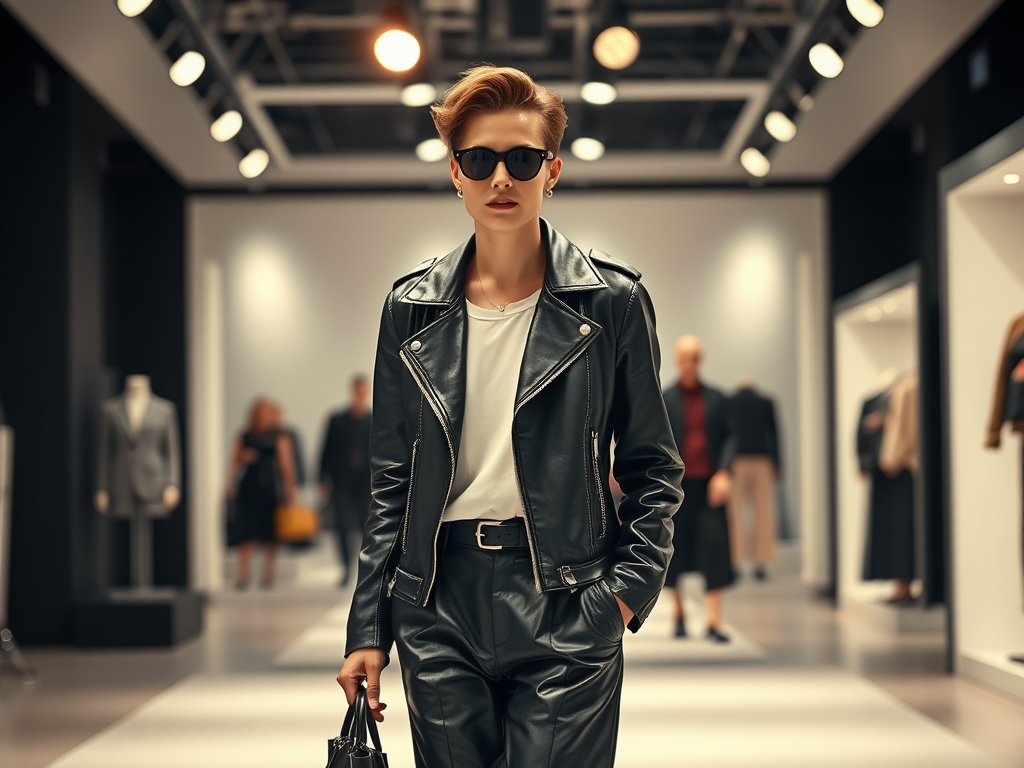 Une personne au style audacieux porte une veste en cuir et des lunettes de soleil, marchant dans une boutique.