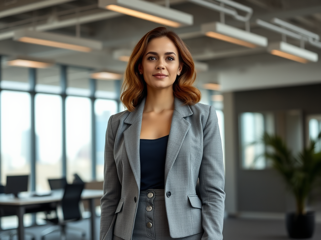Une femme professionnelle souriante, vêtue d'un costume gris, se tient dans un bureau moderne lumineux.