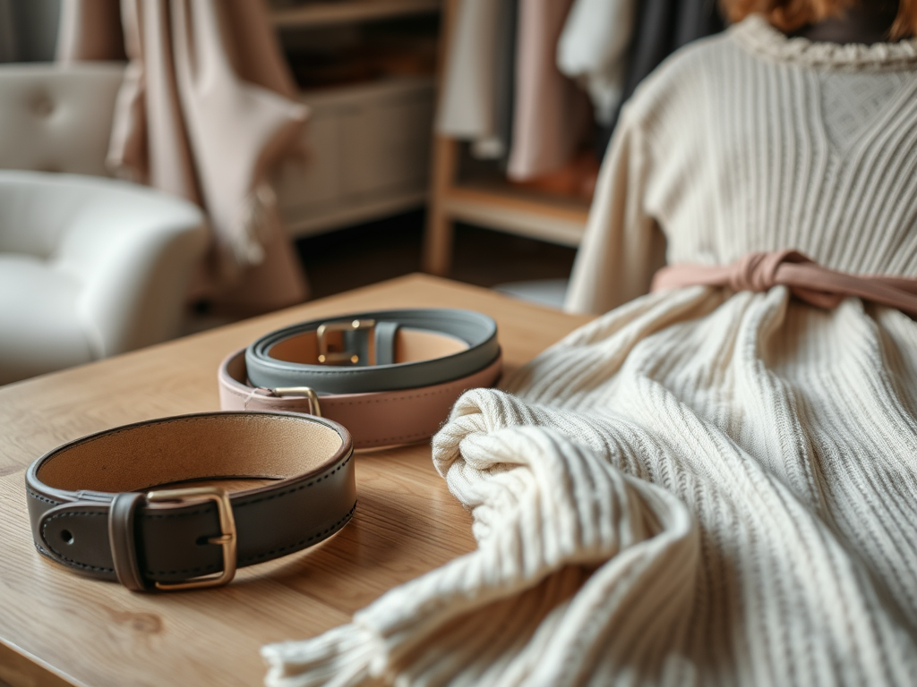 Deux ceintures en cuir posées sur une table en bois à côté d'un pull en tricot crème. Arrière-plan flou.