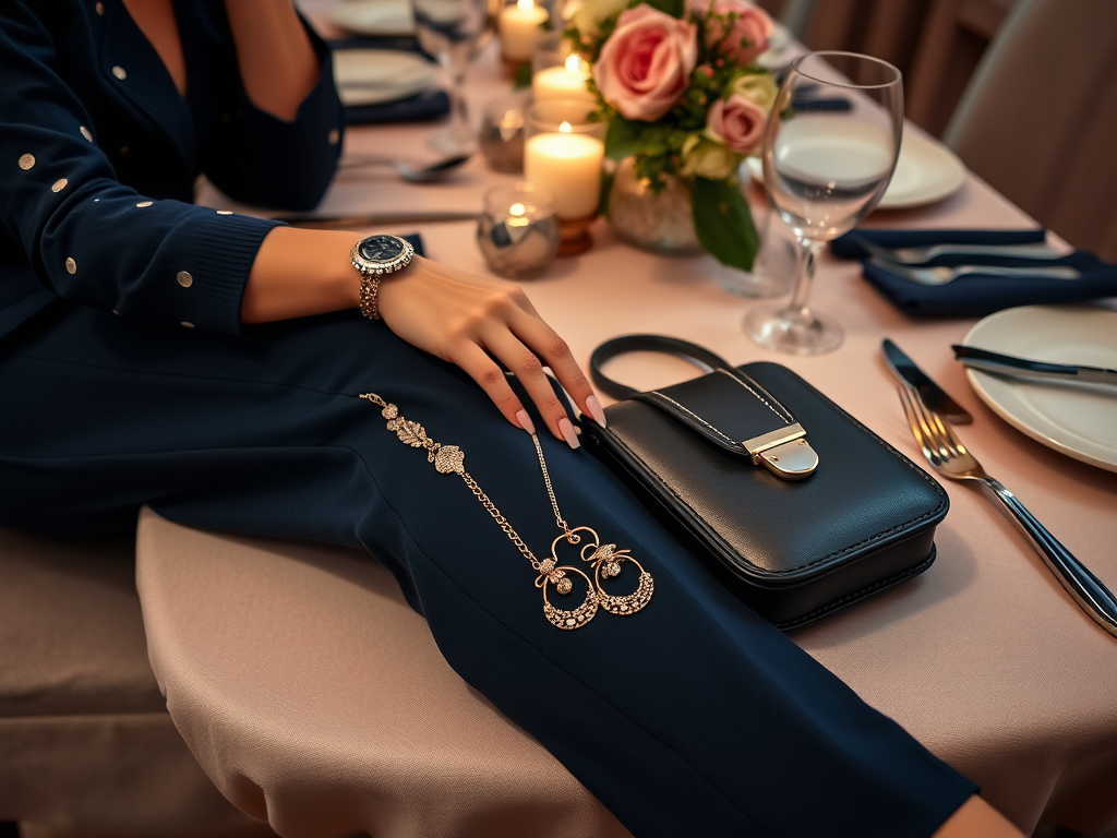 Une main féminine porte une montre élégante et un bijou, à côté d'un sac noir sur une table dressée.