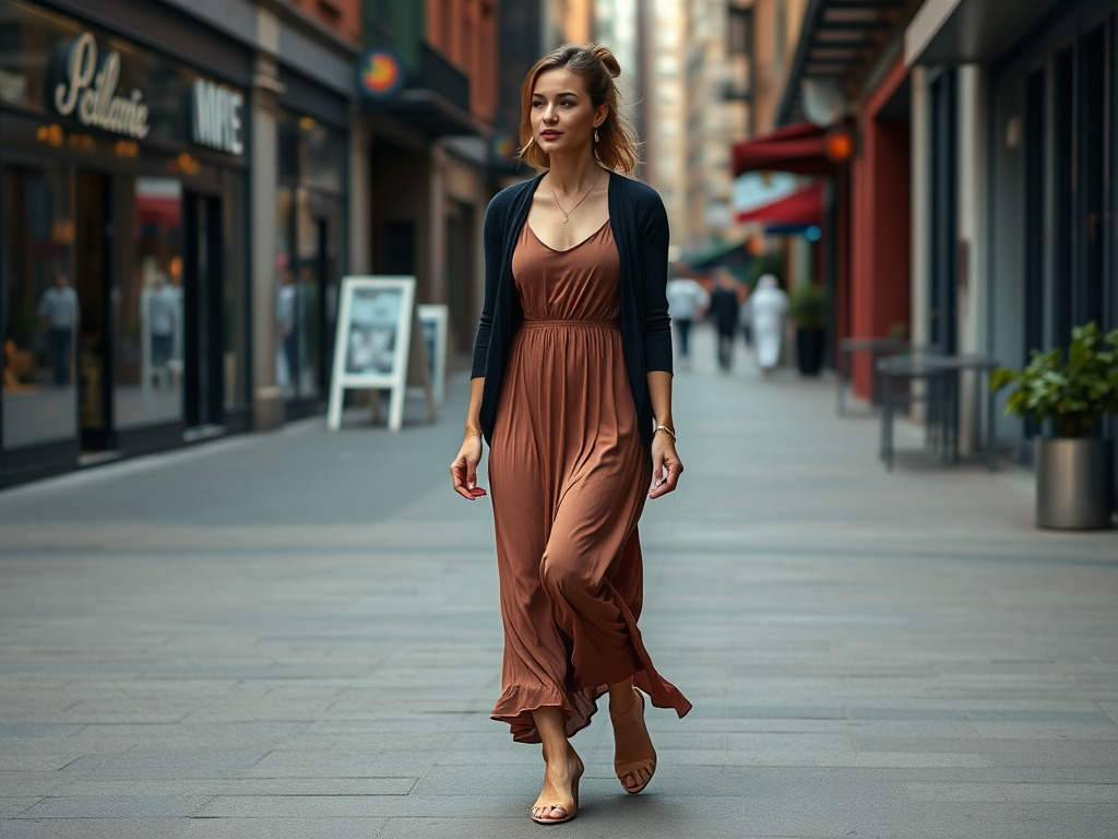 Une femme marchant dans une rue animée, portant une robe longue brun et un cardigan noir.
