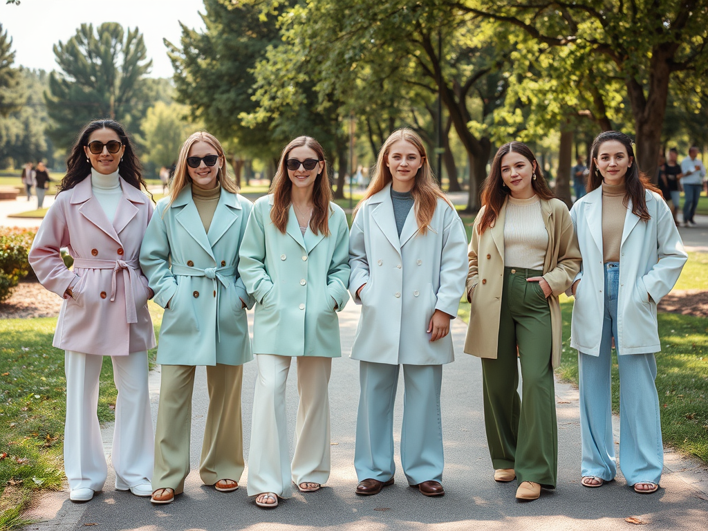 Six femmes élégantes portent des manteaux colorés dans un parc ensoleillé, entourées d'arbres et de verdure.