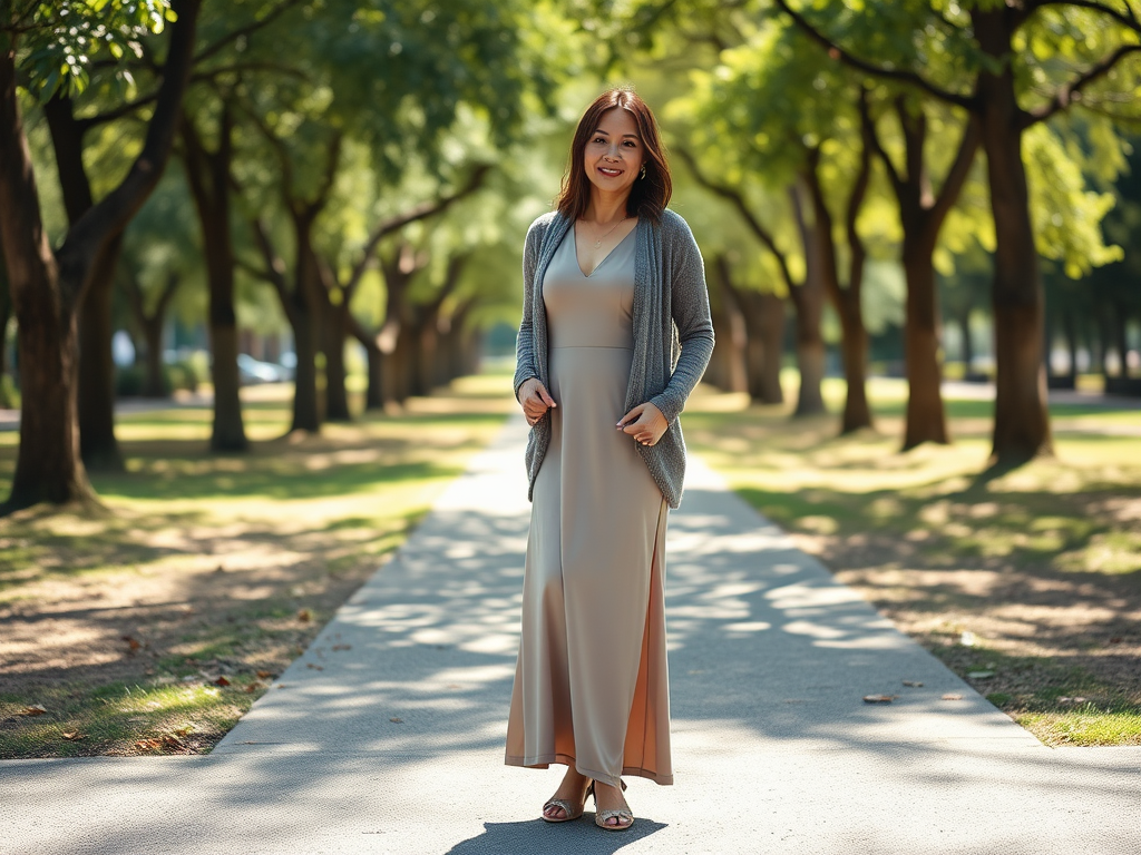 Une femme souriante porte une robe beige et un cardigan gris, se tenant sur un chemin dans un parc verdoyant.